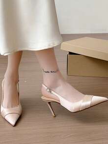 女士尖头细高跟鞋，香槟色缎面鞋面，优雅踝带一体式搭扣高跟凉鞋，适合搭配连衣裙、婚礼、派对、情人节等场合，时尚百搭的露趾高跟鞋 - 香檳色 - 查看 8