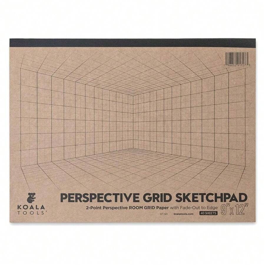 Kooalaa Tools - 40-Page Drawing Pad For 2-Point Perspective, Room Grid Sketch Pad With 3D Virtual Walls Design, Gridded Graph Paper For Interior Room Design, Industrial, Architectural 9 X 12 Inches - 2PointRoom-9x12 - View 1