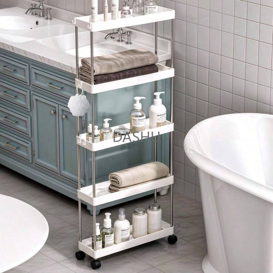 Carrito Organizador de 5 Niveles con Ruedas y 8 Ganchos, Almacenamiento Multifuncional, Estable y Duradero, Diseño de Malla Hueca, Blanco - por defecto - Ver 1