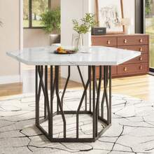Modern Hexagonal Marble Coffee Table With Black Metal Branch-Shaped Base, Featuring A Clean Design, Ideal For The Dining Room And Living Room. - 黑與白 - 查看 2