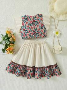 2pcs/Set Ruffle Hem Floral Top + Lace Trim Woven Belt Skirt Geometric Lace Casual Girl Outfit - White - View 1
