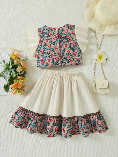 2pcs/Set Ruffle Hem Floral Top + Lace Trim Woven Belt Skirt Geometric Lace Casual Girl Outfit