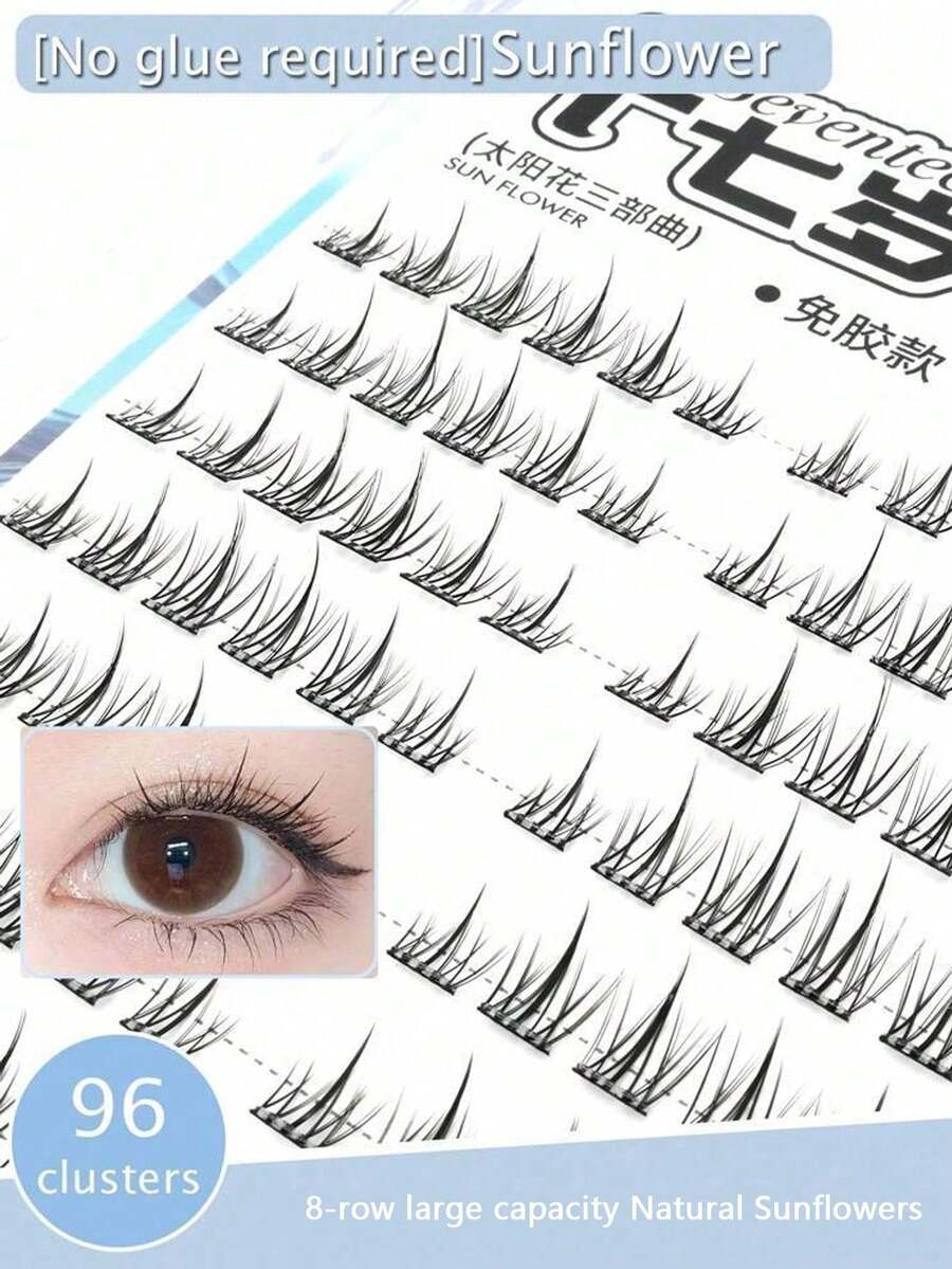 96 Pieces/Set Natural Non Gel False Eyelashes, Natural And Realistic Small Slim C-Roll Eyelashes, Three Part Sunflower Cluster Eyelashes - Black - View 1