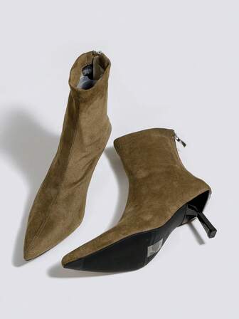Women's Khaki Suede Ankle Boots And Short Boots, 7cm High Heel, Elastic Slim Fit Comfortable And Fashionable Boots, High Heel Pointed Toe Boots