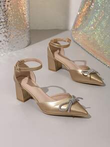 Spring New Fashion Women's Pointed Toe Valentine's Day High Heel Shoes, Hollow Out Chunky Heel Gold Bow Casual Comfortable Shoes - Gold - View 6