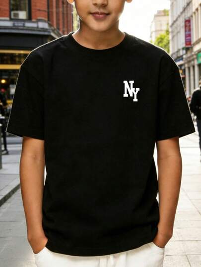 Teen Boys' Casual NY Letter Graphic Print Round Neck Short Sleeve T-Shirt, Suitable For Youths Street, Outdoor, School, Daily Wear