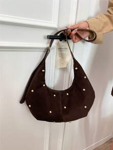 Women's Retro Minimalist Large Capacity Crescent Shoulder Tote Bag, Versatile For Daily Outing, Casual And Commuting - Coffee - View 8