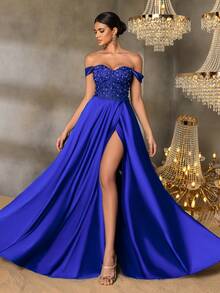 Faeriesty Đầm dạ hội trễ vai dành cho nữ, thân áo ôm sát đính ren và ngọc trai, kiểu dáng thanh lịch, xẻ tà cao, dáng ôm vừa vặn, thích hợp cho các bữa tối trang trọng, đám cưới, dạ hội, sự kiện thảm đỏ và các buổi lễ kỷ niệm trang trọng mùa xuân. - Xanh đậm - Xem 5