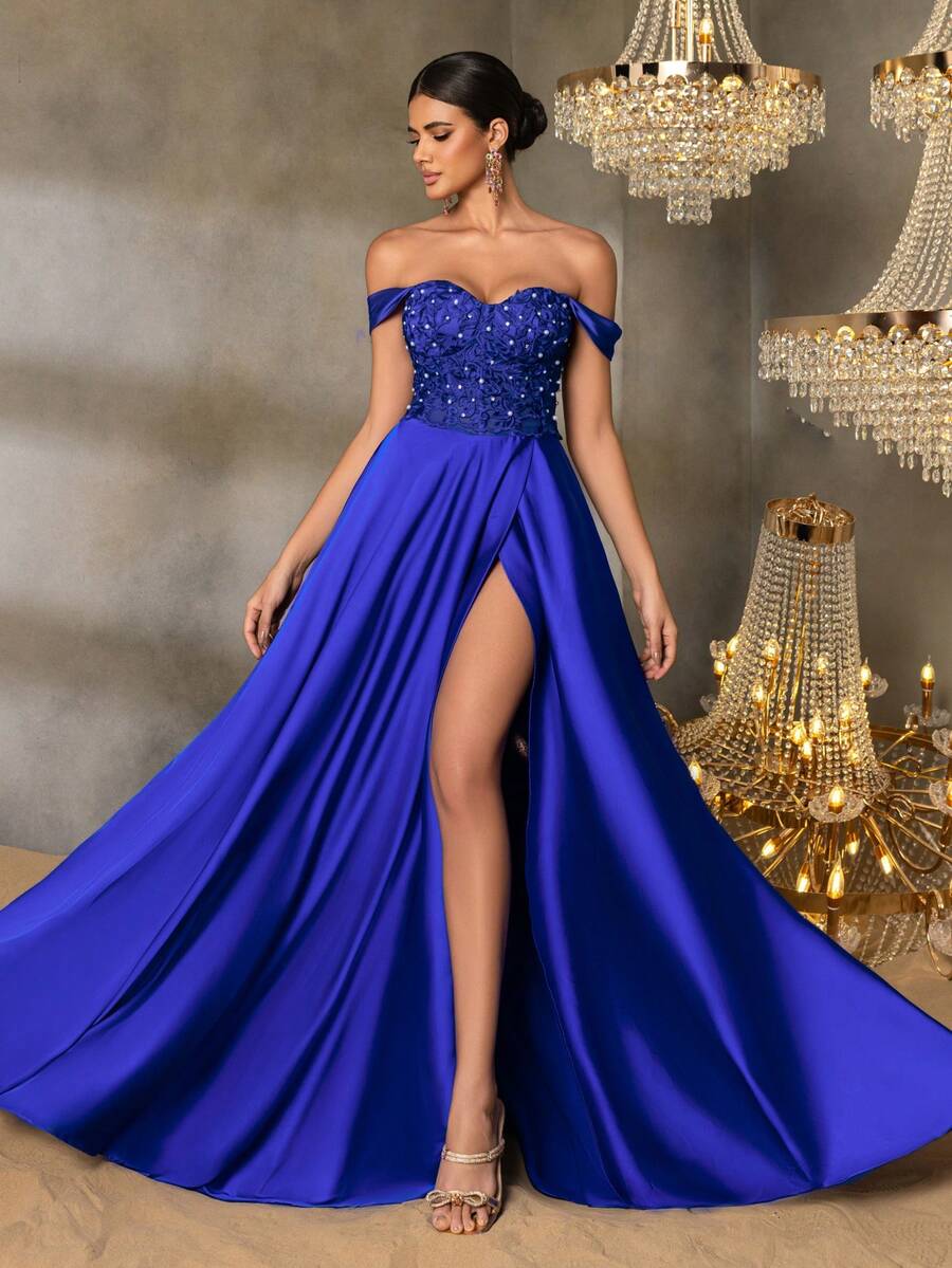 Faeriesty Women's Off-Shoulder Evening Dress, Lace & Pearl Embellished Bodycon Bodice, Elegant Formal Gown, High Slit Design, Fitted Silhouette, Suitable For Formal Dinners, Weddings, Galas, Red Carpet Events, And Formal Celebrations Spring Party - Royal Blue - View 1