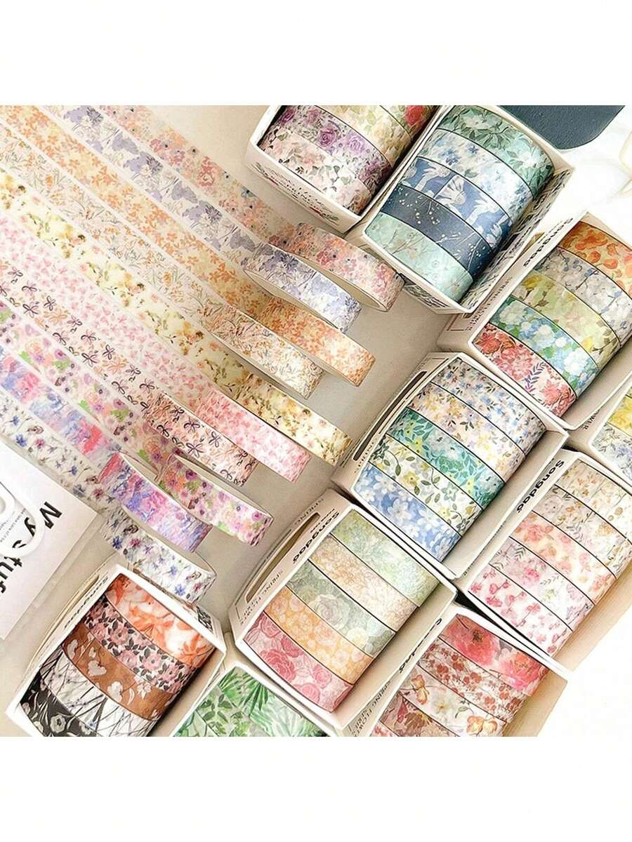 1/5卷装饰和纸胶带，花卉图案可移除胶带，适用于日记本、计划本、学生文具