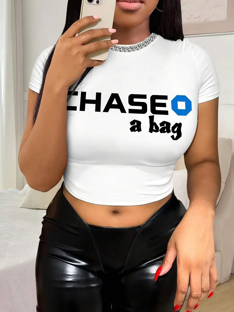 Y2K Style Women's Crop Top T-Shirt - "Chase A Bag" Letter Print, Short Sleeve, Round Neck, White Casual Tee For Y2K Fashion Lovers, Cute T Shirts,,, - 白色 - 查看 1