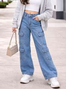 Girls' 4-Pocket Cargo Pants, Wide Leg Jeans - Dusty Blue - View 1