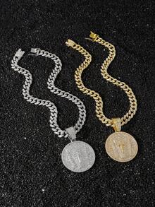 1pc Men's Fully Iced Out Hip Hop Cuban Link Cross & Round Pendant Necklace - Style a - View 2