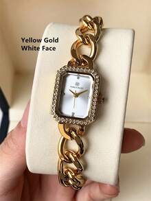 Pablo Raez 1pc Ladies Watch Gold Watch Women's Elegant Stainless Steel Bracelet Watch, Silver Stainless Steel & Rhinestone Decor Rectangular Case, Black Minimalist Dial, Jewelry Clasp, Waterproof, Full Automatic Quartz Electronic Wristwatch, Suitable For Daily Life, Work, Parties, And Decoration - Silver - View 14