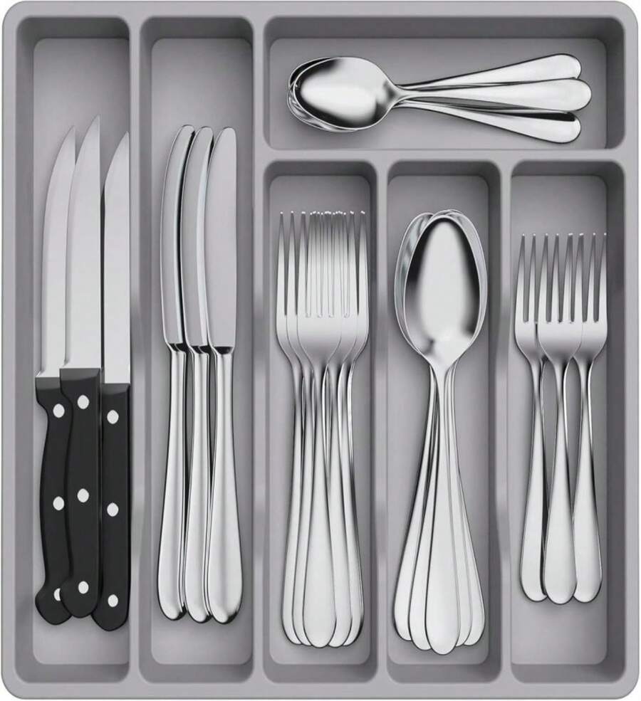 Organizador de cajón de cubiertos Lifewit, bandeja de almacenamiento de cubiertos de plástico para cajón de cocina, soporte y divisor para cucharas, tenedores, cuchillos y vajilla, 6 compartimentos, gris - ColorG - Ver 1