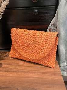 Yogodlns 时尚沙滩包 女士夏季沙滩包 信封编织手拿包 纯色大容量收纳包 玉米皮草手提包 时尚玉米皮草包 手工编织女士手拿包 信封手提包 长款女士夏季沙滩包 - 彩色 - 查看 17