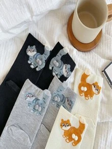 3双装时尚个性趣味可爱猫蛋图案男女通用中筒腿套，适合日常穿着、校园、派对、万圣节、圣诞节、感恩节、情人节、生日礼物 - 彩色 - 查看 5