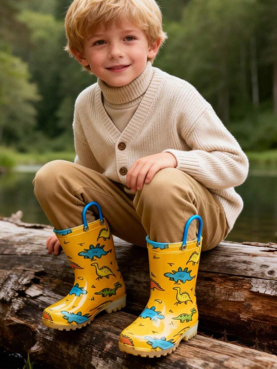 Kids Dinosaur Rain Boots With Easy-On Handles, Waterproof Non-Slip Boots For Boys & Girls Outdoor Play - Orange - View 1