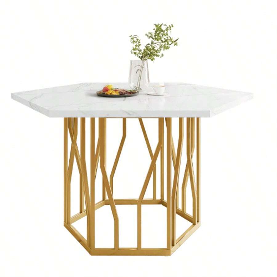 Modern Hexagonal Marble Coffee Table With Black Metal Branch-Shaped Base, Featuring A Clean Design, Ideal For The Dining Room And Living Room. - 金色 - 查看 1