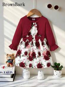 BrownBark Đầm 2 trong 1 cho bé gái, kiểu dáng thường ngày dễ thương, tay dài, phối họa tiết hoa và nơ, thoải mái, đáng yêu, phù hợp cho mùa xuân và mùa thu. - Màu Đỏ Sâu - Xem 1