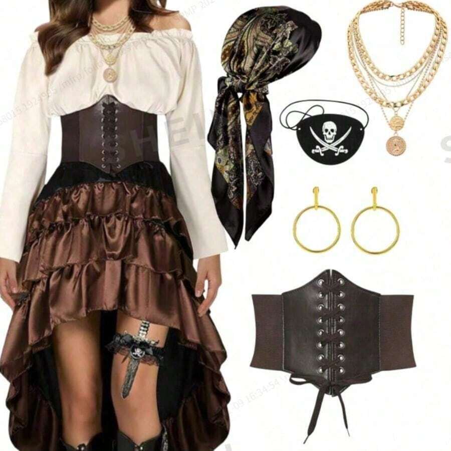 5pcs Halloween Pirate Costume Set, Including (1 Brown Belt, 1 Black Headband, 1 Earring, 1 Eye Patch, 1 Necklace), Suitable For Role Play, Halloween Events, Parties, Balls, Gatherings - Multicolor - View 1