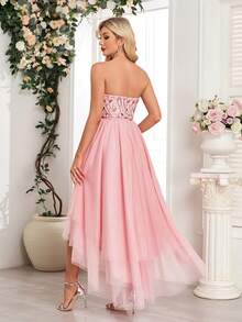 Pink Off Shoulder Asymmetric Hem Bridesmaid Dress With Floral Embroidery & Sequins, Elegant Party Gown For Women, Formal Ball Gown, Cocktail Dress, Birthday Party, Wedding Guest, Graduation, Banquet Spring - hồng - Xem 2