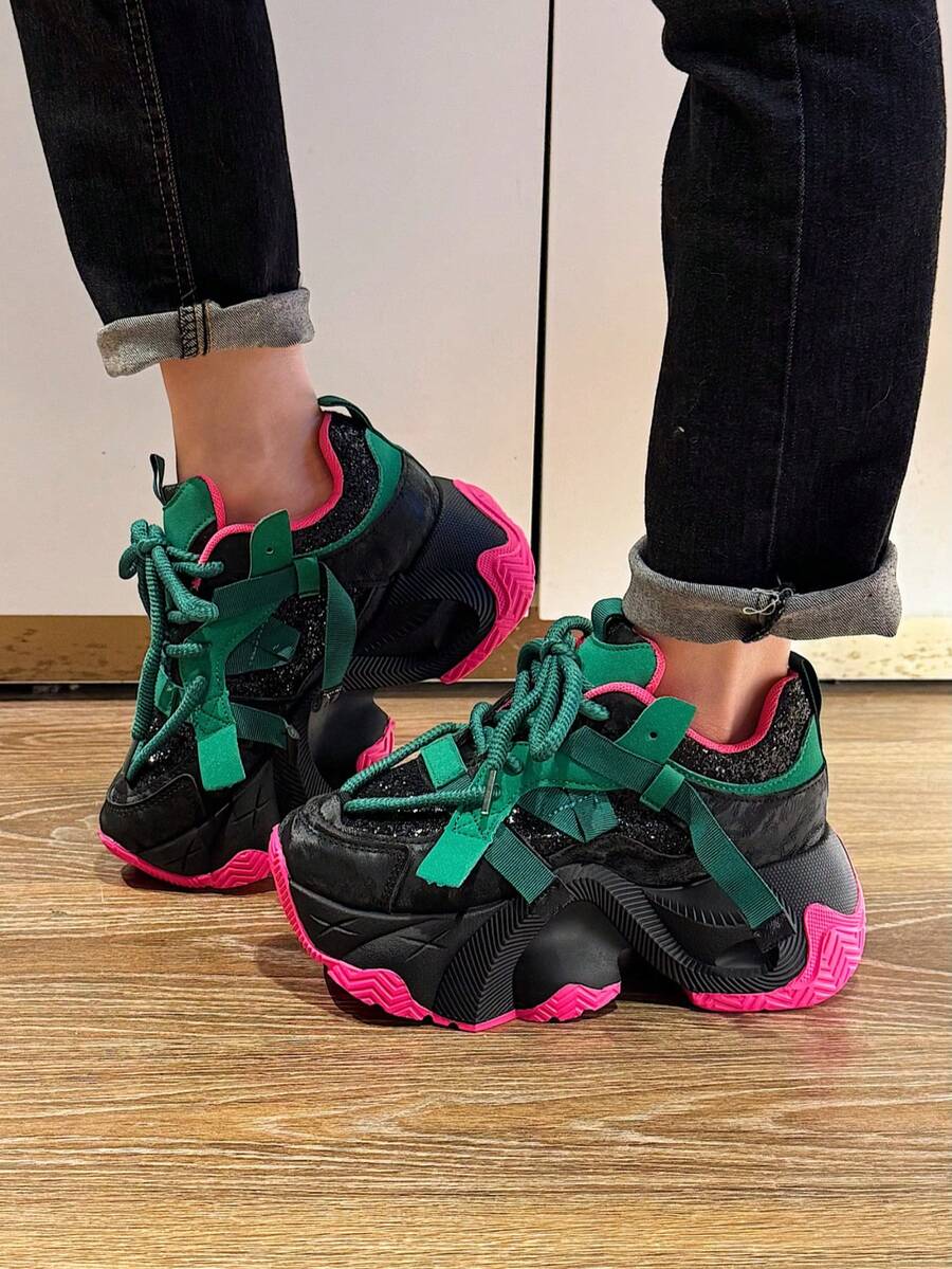 Women's Casual Sports Shoes, Spliced Wedge Platform Sports Shoes, Four-Season Outdoor Sports Running Shoes, And Women's Sports Shoes With Thick Platforms. - 綠色 - 查看 1
