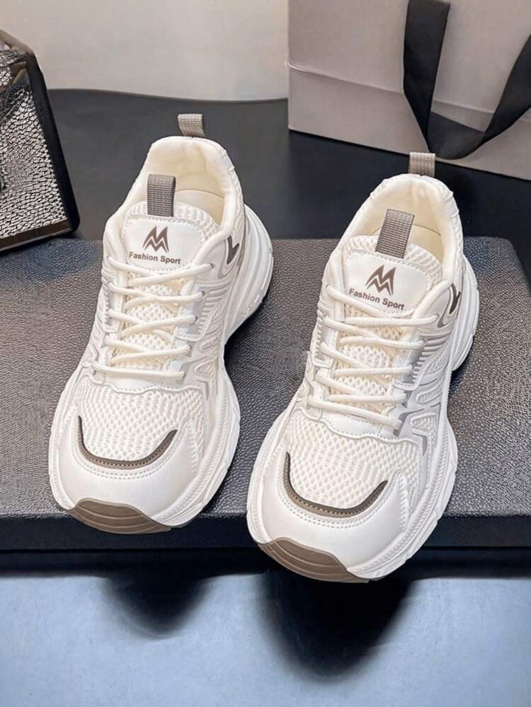 Zapatillas deportivas de mujer con malla, cordones, transpirables, ligeras, con plataforma, de estilo casual y fashionable, de unicolor, de poliéster, para uso en exteriores, para primavera/otoño - Caqui - Añade 4