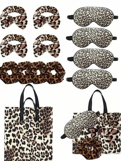 4pcs Leopard Print SPA Party Gift Set, Suitable As Birthday Gift, Wedding Gift, Bridal Shower Gift, Afternoon Tea Gift, Bridesmaid Gift, Guest Gift, Sleepover Gift For Ladies. The Set Includes Hair Scrunchies, Headband And Gift Bag, Suitable For Sleepover Party, Wedding, SPA, Birthday Party And Other Occasions.