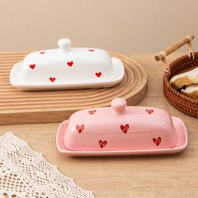 1pc Elegant Ceramic Butter Dish With Lid, Cute Heart Pattern Porcelain Butter Holder With Raised Non-Slip Strip, Decorative Butter Keeper Container For Countertop & Fridge, Perfect For Valentine's Day, Anniversary, Wedding Gifts