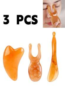 3pcs Facial Massage Tool Set: Imitation Sheep Horn Gua Sha Board, Stretching Rod, Resin Facial Lifting & Massage Stick