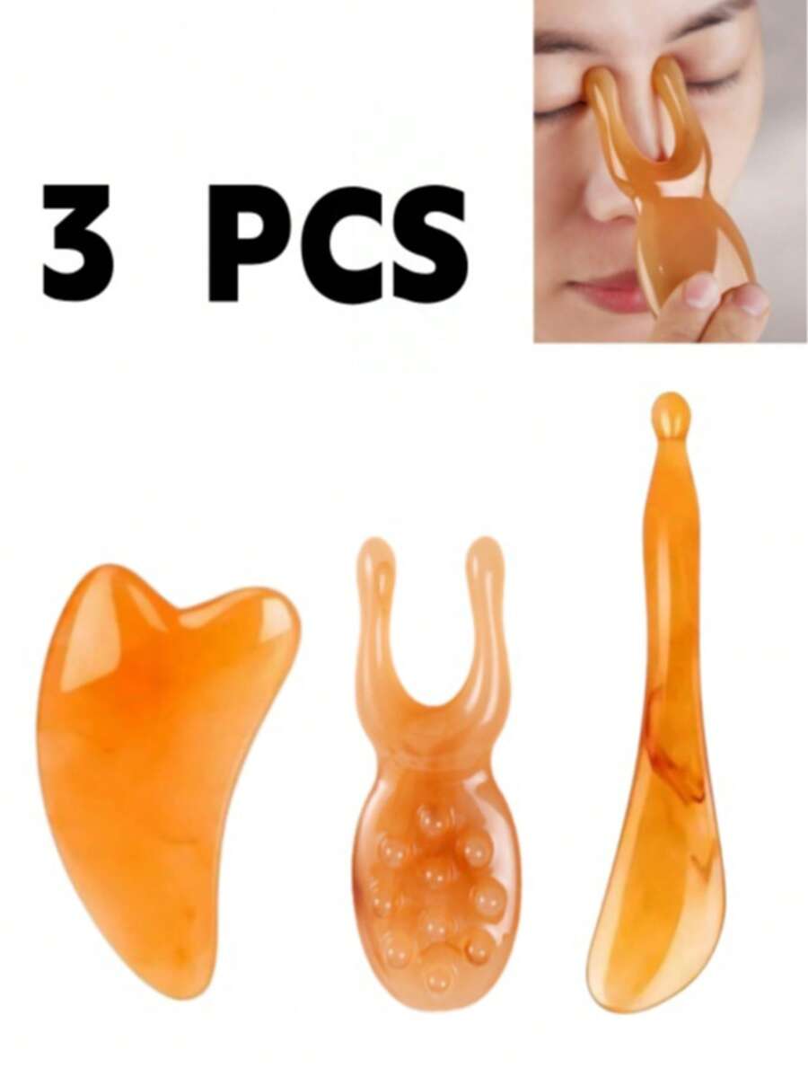 3pcs Facial Massage Tool Set: Imitation Sheep Horn Gua Sha Board, Stretching Rod, Resin Facial Lifting & Massage Stick