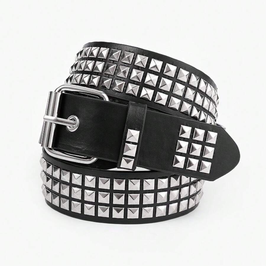 New Punk Style Belt, Pyramid, Cybery2k, Subcultural Gothic, Square Bead Rivet Belt, Women's Waist Belt, Fashionista's Preferred Product - 黑色 - 查看 1