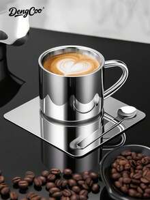 Dengcoo 3 PiecesCoffee Cup Set, Milanese Style Coffee Cup Set, Stainless Steel Coffee Cup With Saucer And Spoon, Ins Style Mug, Tea Cup, Espresso Cup, Pour Over Coffee Cup, Suitable For Holiday Gifts, Home And Back To School Season - Cup - View 4