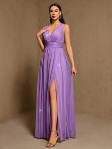 V-Neck Sleeveless Chiffon A-Line Bridesmaid Dress, Elegant Party Dress, Wedding Guest Dress, Birthday Dress, Graduation Ceremony, Banquet, Carnival Outfit - Mauve Purple - View 7