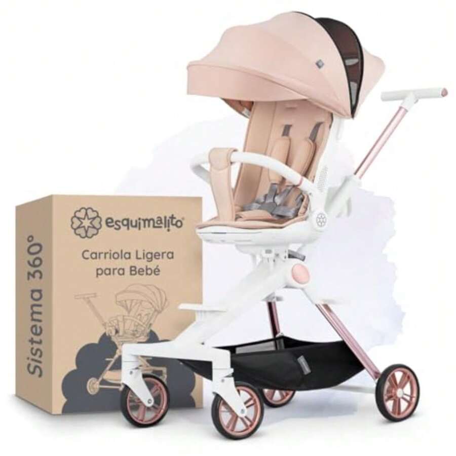 JCH-ESQUIMAL Carriola para Bebé Ligera Portátil Plegable con Asiento Giratorio 360° Reclinable a 3 Posiciones Portavasos Removible Gris - Beis - Ver 1