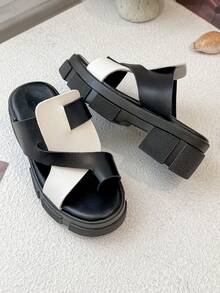 舒适加厚拖鞋 - 简约时尚双带设计 - 黑與白 - 查看 4