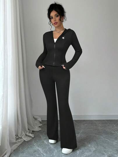 abyoxi 2pcs/Set Women's Black Hooded Zip-Up Jacket And Flared Pants, Fashionable Casual Sportswear, For Outdoor, Street, Sports, Daily Wear, Personal Charm, Valentine's Day, Coat And Long Pants Spring Summer Fall Winter Outfits