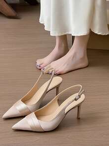 女士尖头细高跟鞋，香槟色缎面鞋面，优雅踝带一体式搭扣高跟凉鞋，适合搭配连衣裙、婚礼、派对、情人节等场合，时尚百搭的露趾高跟鞋 - 香檳色 - 查看 2