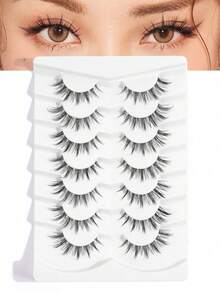 7 Pairs Natural Criss-Cross Full Head False Eyelashes, Transparent Eyelash Stem, Suitable For Daily Wear, Cartoon Style, Travel Essential - 黑色 - 查看 1