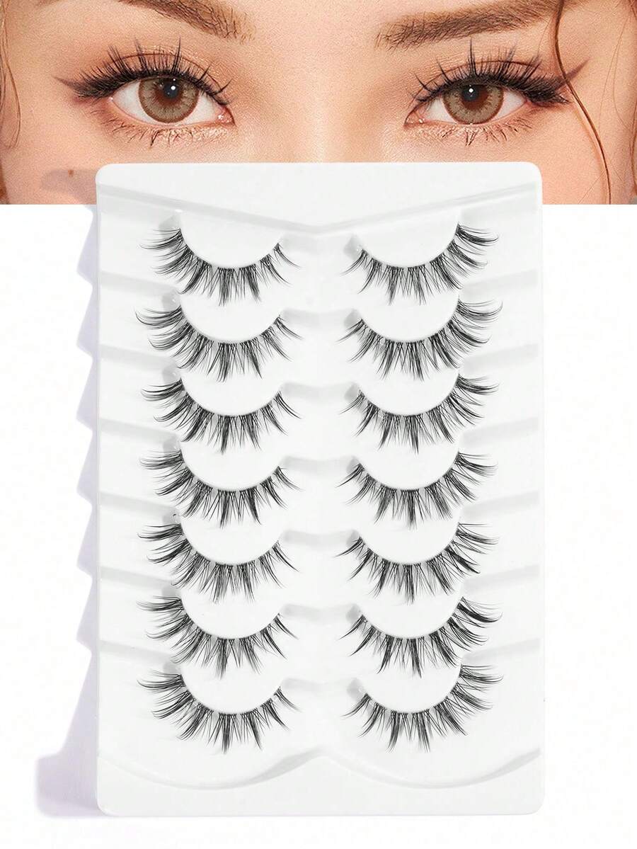 7 Pairs Natural Criss-Cross Full Head False Eyelashes, Transparent Eyelash Stem, Suitable For Daily Wear, Cartoon Style, Travel Essential - 黑色 - 查看 1