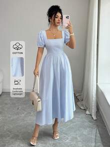 Đầm nữ Lily House kẻ sọc xanh trắng dáng rộng cổ vuông tay cánh hoa, thiết kế bèo nhún ở eo, chất liệu cotton co giãn thoải mái, tối giản và thanh lịch, phù hợp cho công sở, hàng ngày, mùa xuân, kỳ nghỉ, đi làm, hẹn hò ăn trưa, dự tiệc cưới. - Màu xanh lam - Xem 4