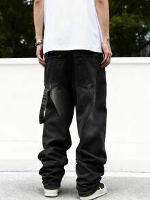Men's Washed Straight-Leg Jeans, American Vintage Style, Loose And Versatile Wide-Leg Denim Pants, Classic Basic Jeans Suitable For All Seasons. - màu đen - Xem 3