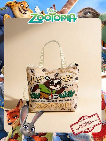  Zootopia Disney Official Licensed 1 Pc Zootopia Flash The Sloth Printed Canvas Tote Bag, Cute Cartoon Handheld Bag For Daily Use, Adjustable Shoulder Strap Crossbody Bag For Easy Carry For Girls/Students, Ideal For Shopping, Outings