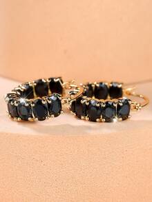 一对经典奢华单排椭圆形切割锆石耳环，专为女性设计，闪耀夺目的珠宝礼物，情人节佳选。 - 黑色 - 查看 4