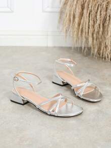 Women's Round Toe Strap Low Heel Sandals, Metal Strap With Metal Buckle, Versatile For Commuting And Dating, Comfortable Non-Slip Chunky Heel Slides - Silver - View 5