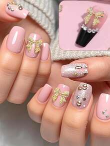 [50 Stück/100 Stück] Y2K Gold Schleife Nagel Schmuck, Gold Metall Schleife Nail Art Dekorationen, Luxus Nagel Accessoires, DIY Nagel Dekoration, geeignet für Frauen und Mädchen Nägel - Gold - Übersicht 6