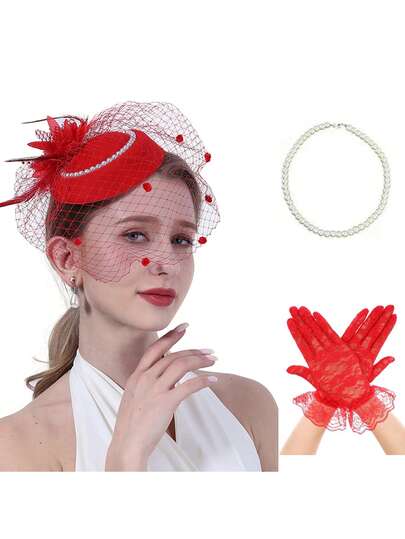女士头饰面纱和复古迷人网纱帽，搭配蕾丝手套和人造珍珠项链，适合 20 世纪 20 年代或 50 年代的复古茶会、宴会厅、婚礼、教堂、德比帽套装