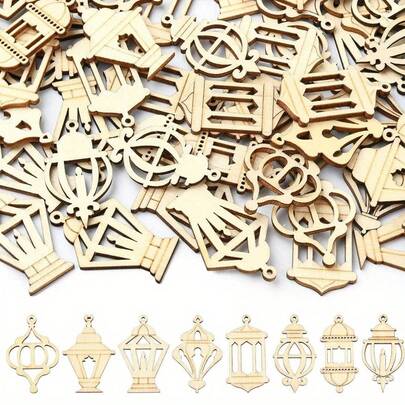 25/100pcs Wood Ramadan Lantern Cutouts - Undyed Wooden Pendants For DIY Crafts, Islamic Art, Home Decor - Manufactured Wood Ornaments For Eid Al-Fitr Celebrations