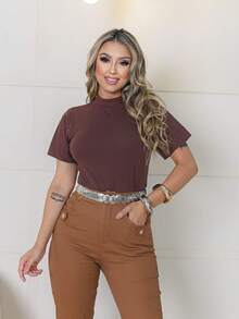 Blusas T-shirt Gola Alta Blusa  Feminina Gola Alta em Ribana Camiseta básica 100% Algodão Premium - Marrom - Visão 3